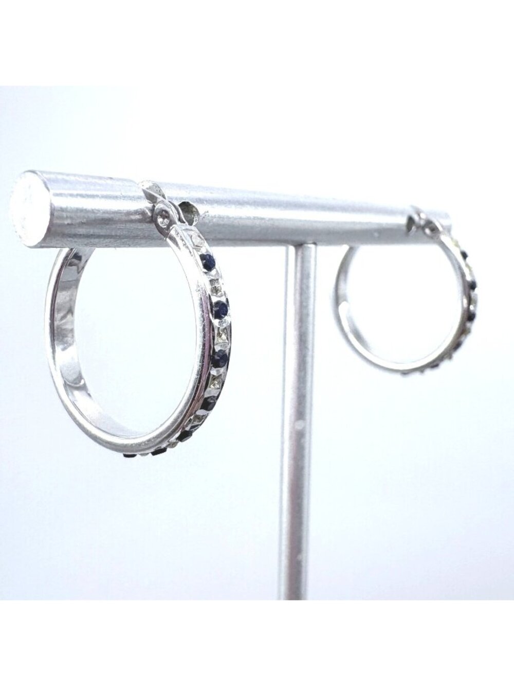 Blue & White CZ Sterling Silver 925 Hoop Earrings Hinged Posts 0.75" Length